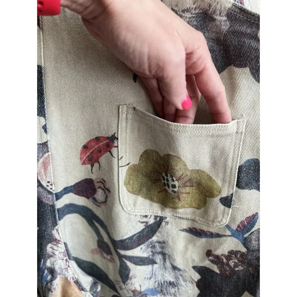 SM WARDROBE Floral Ladybug Cotton Canvas Wide Leg Gardening Overalls Jumper Sz L - Picture 9 of 16